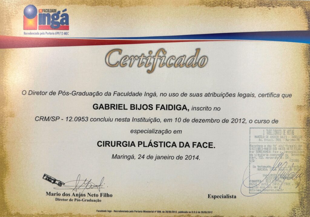 Certificado de pos graduação em cirurgia plastica da face