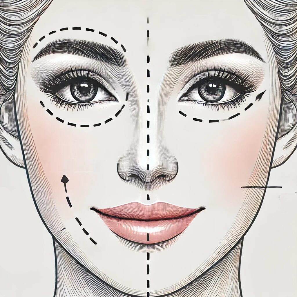 Gráfico explicativo da blefaroplastia mostrando áreas da pálpebra superior e inferior.